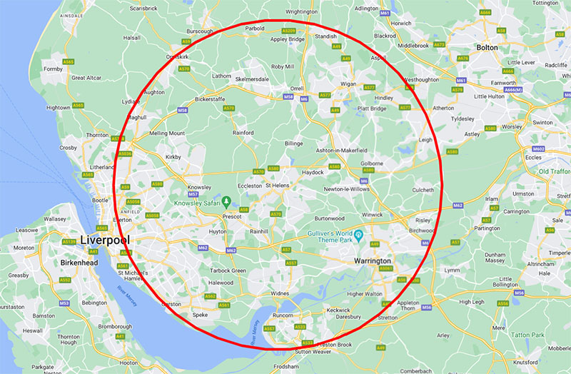 a map show St Helens Flat Roofing's 10-mile radius of service