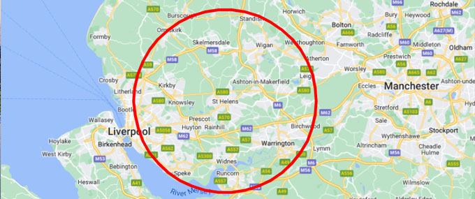 a 10-mile radius around St Helens showing St Helens Flat Roofing's range of service